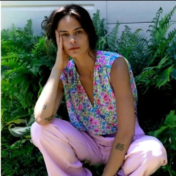 Zara Watercolor Floral Draped  Deep V Neck Plunge Bodysuit Sz Small - Picture 2 of 10